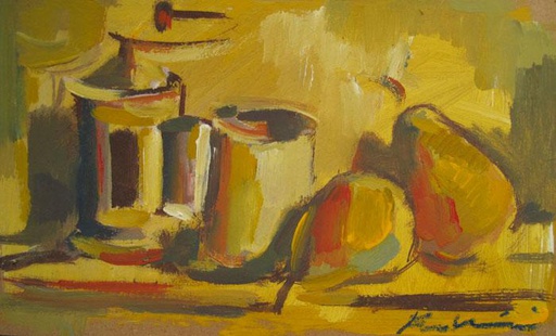 [10108] Yellow still life with coffee mill and pears